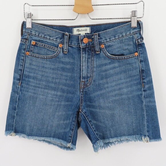 Madewell Womens 24 Blue Denim Shorts Distressed Raw Hem Copper Button Studs Jean - Picture 7 of 8